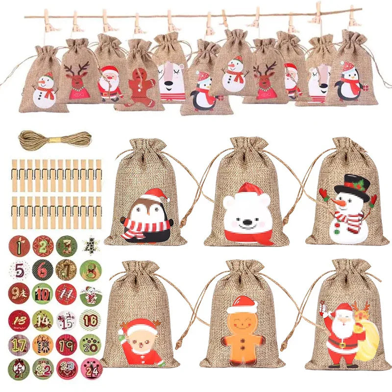 HollyTime Adventskalender Set – 24 herbruikbare cadeauzakken met stickers, clips & touw