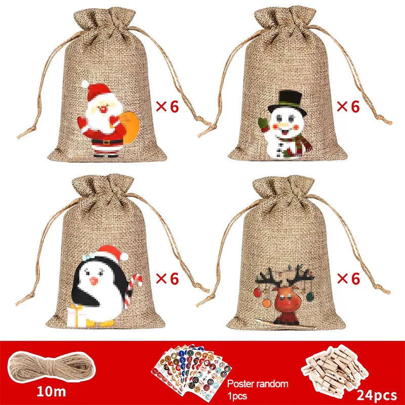 HollyTime Adventskalender Set – 24 herbruikbare cadeauzakken met stickers, clips & touw