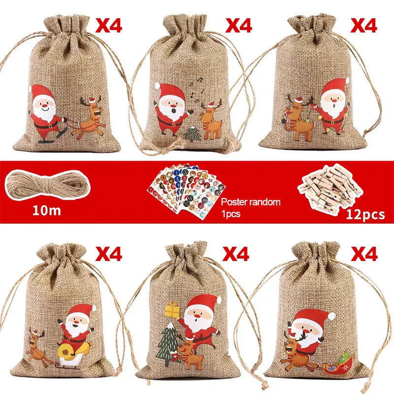 HollyTime Adventskalender Set – 24 herbruikbare cadeauzakken met stickers, clips & touw