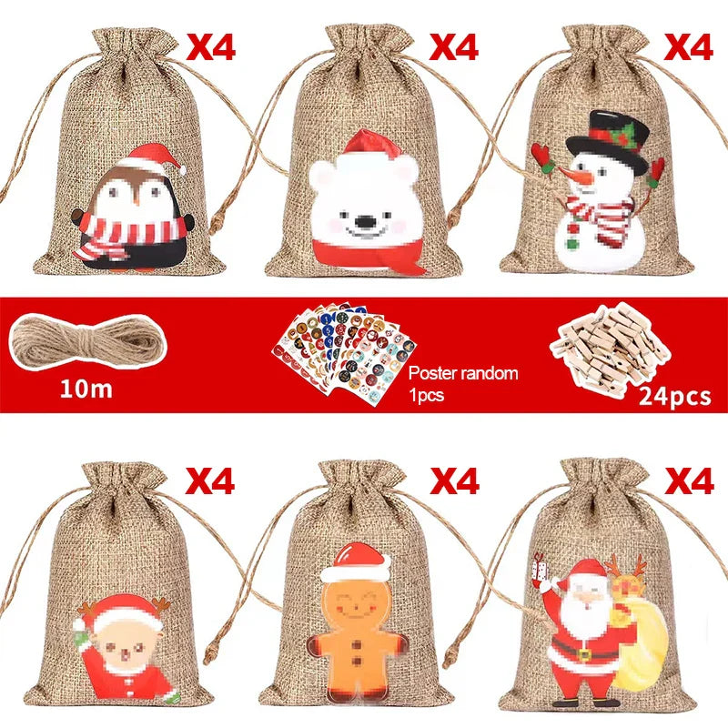 HollyTime Adventskalender Set – 24 herbruikbare cadeauzakken met stickers, clips & touw