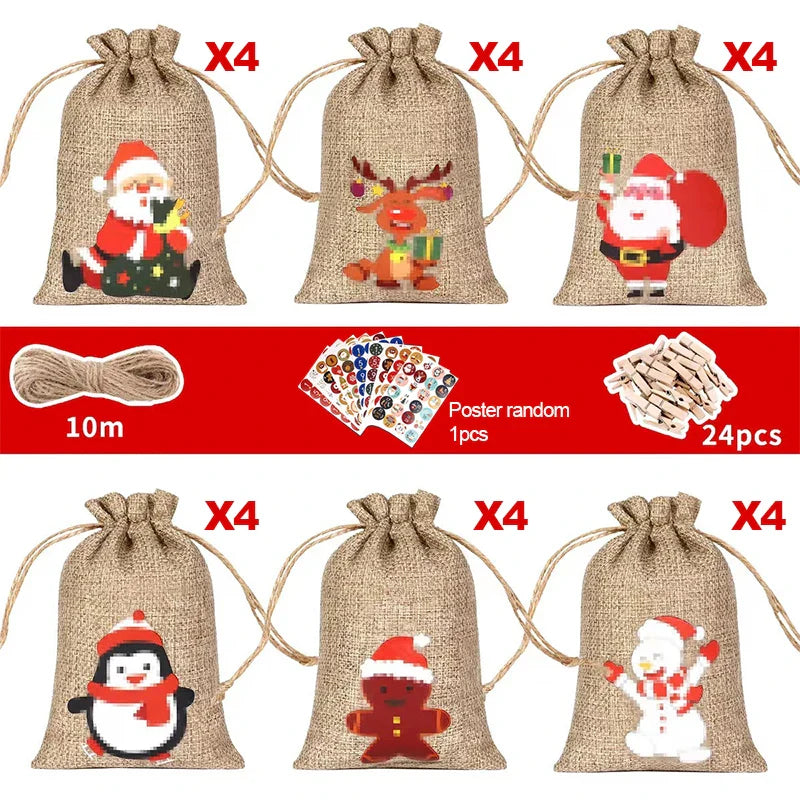 HollyTime Adventskalender Set – 24 herbruikbare cadeauzakken met stickers, clips & touw
