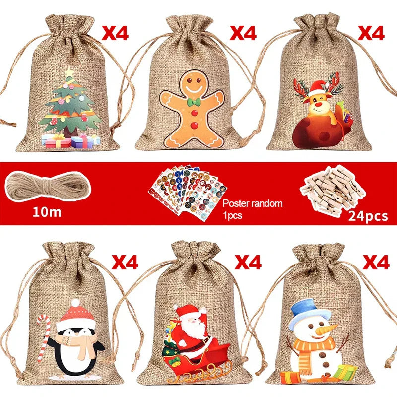 HollyTime Adventskalender Set – 24 herbruikbare cadeauzakken met stickers, clips & touw