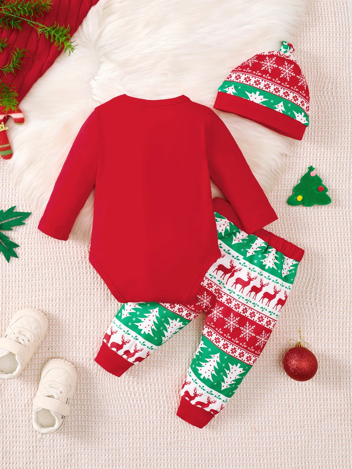 3-delige Kerstset voor Baby Jongens met Bedrukte Bodysuit, Broek en Hoed 1