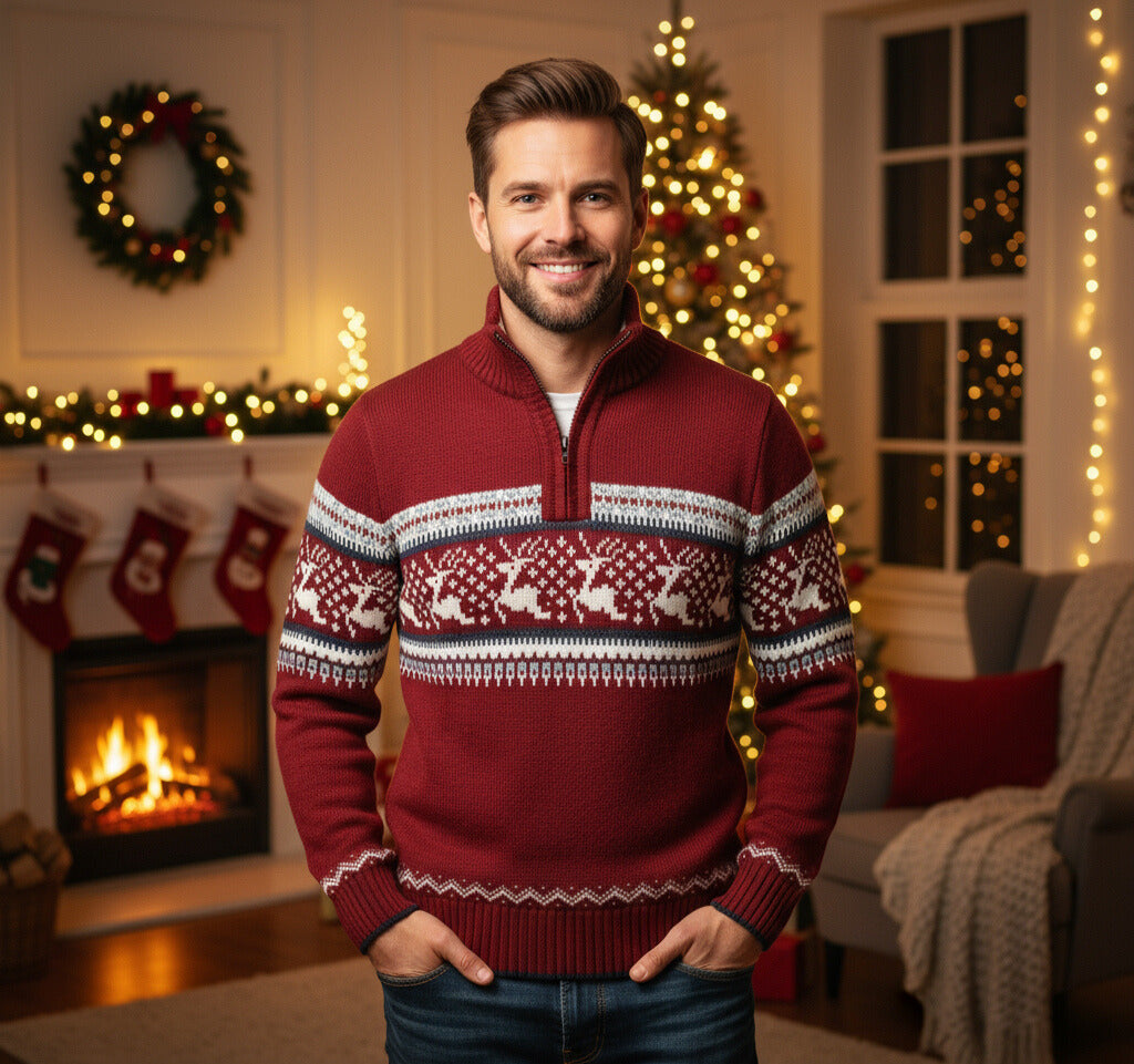 Kersttrui voor Heren – Stijlvolle & Comfortabele Trui met Rendiermotief & Halve Rits