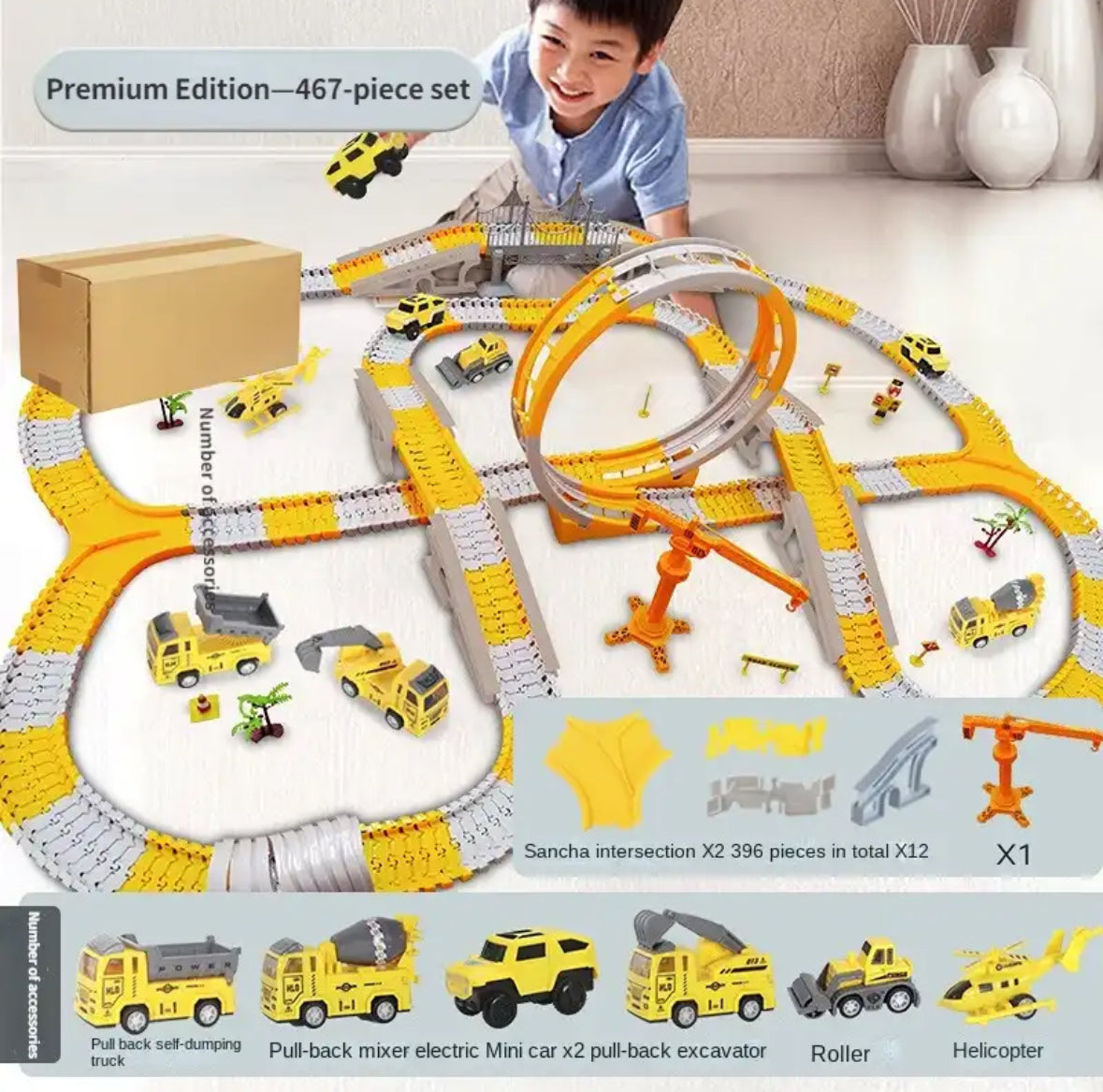 TrackLynx Flexibele XXL Bouwplaats Racebaan – Met Looping & Elektrische Auto’s