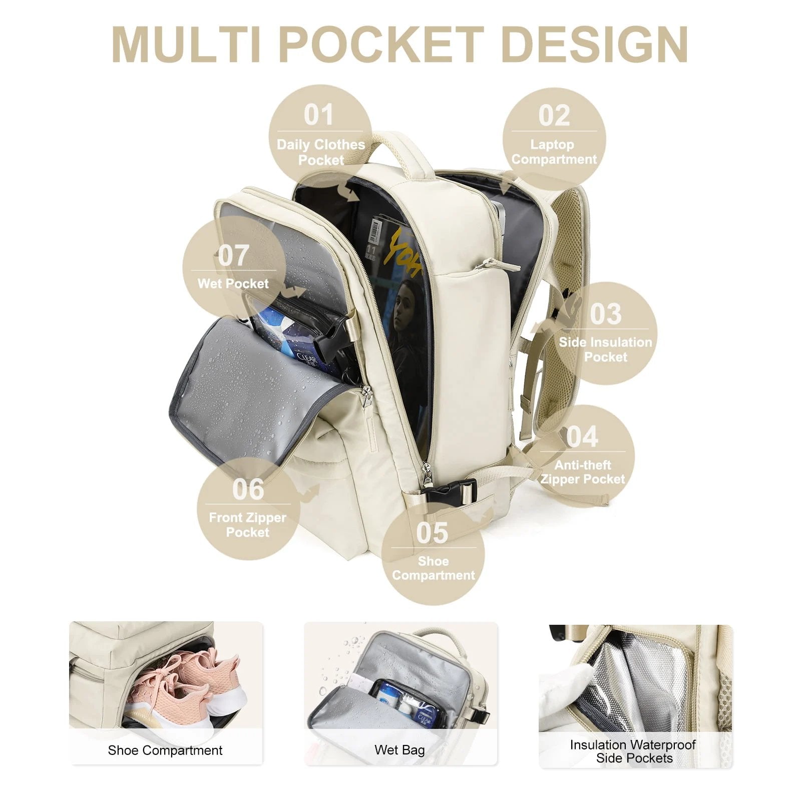 Mochila – Gran bolsa de viaxe impermeable 35L con USB e compartimento para zapatos – Viaxes