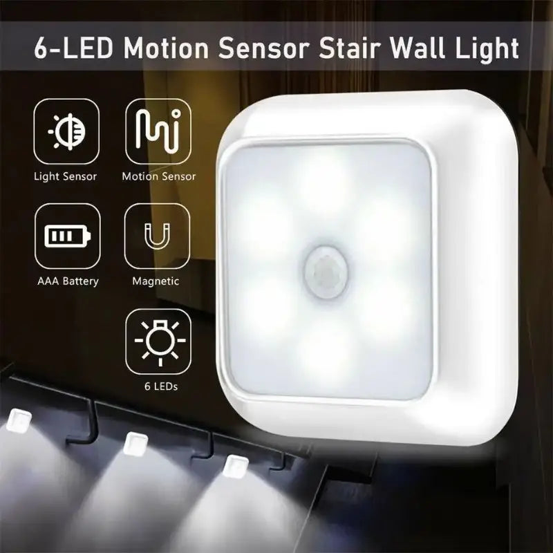 AuroraGlow – Llum nocturna sense fils de 6 LED amb sensor de moviment per a escala i armari