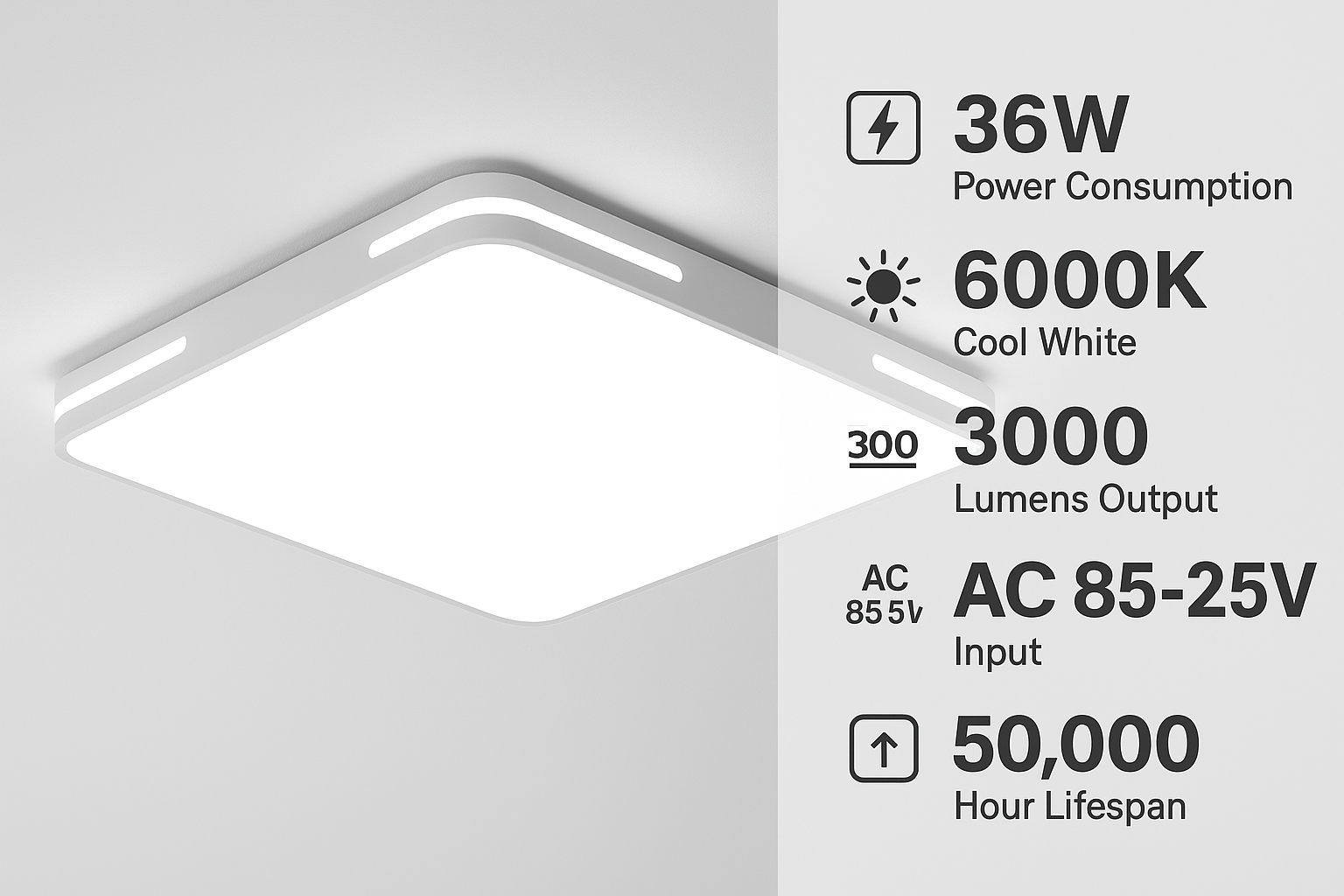 Lumora Plafondlamp – Vierkant Design met 36W LED, Helder Koelwit Licht & IP44 Bescherming
