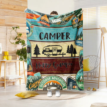 NatureNest – Manta de felpa con motivo de autocaravana y bosque – Para casa y viajes