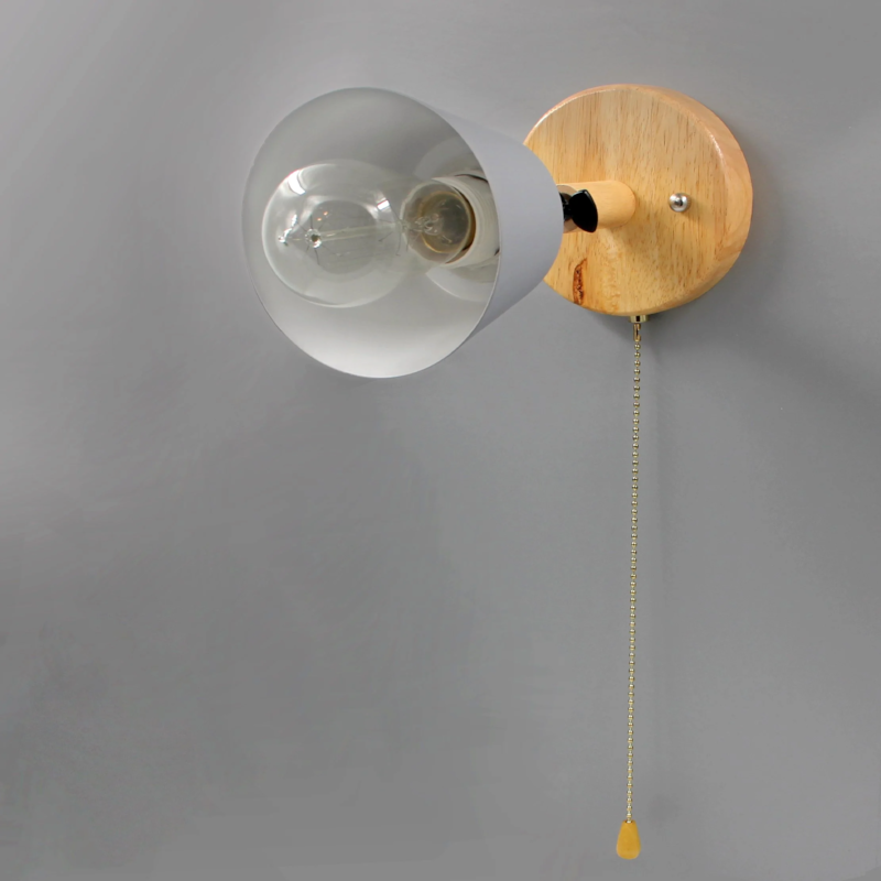 Norvia Devon Candeeiro de Parede – Abajur Metálico, Acento em Madeira & Interruptor de Puxar