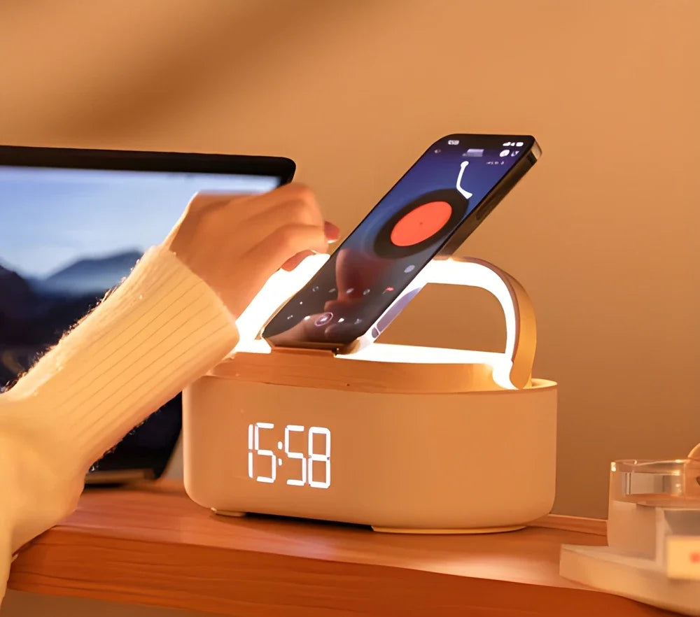 Luminix – cargador sen fíos 5 en 1 con reloxio, altofalante e lámpada – mesilla de noite