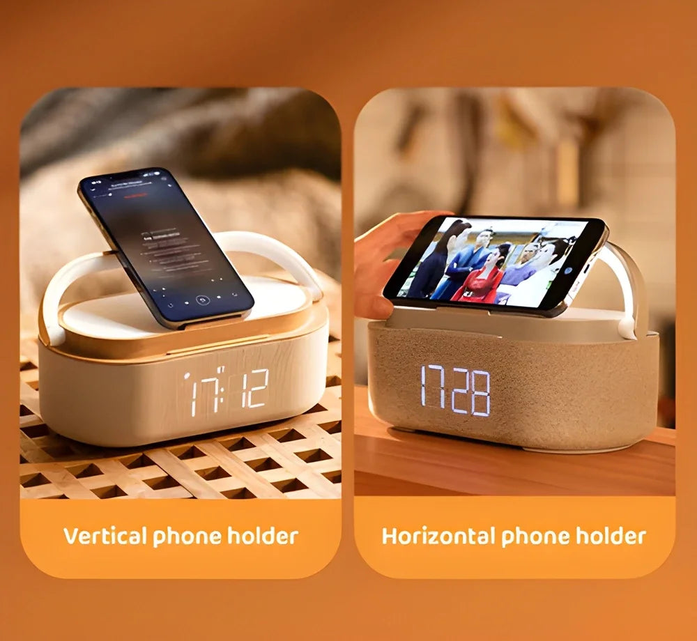 Luminix – cargador sen fíos 5 en 1 con reloxio, altofalante e lámpada – mesilla de noite