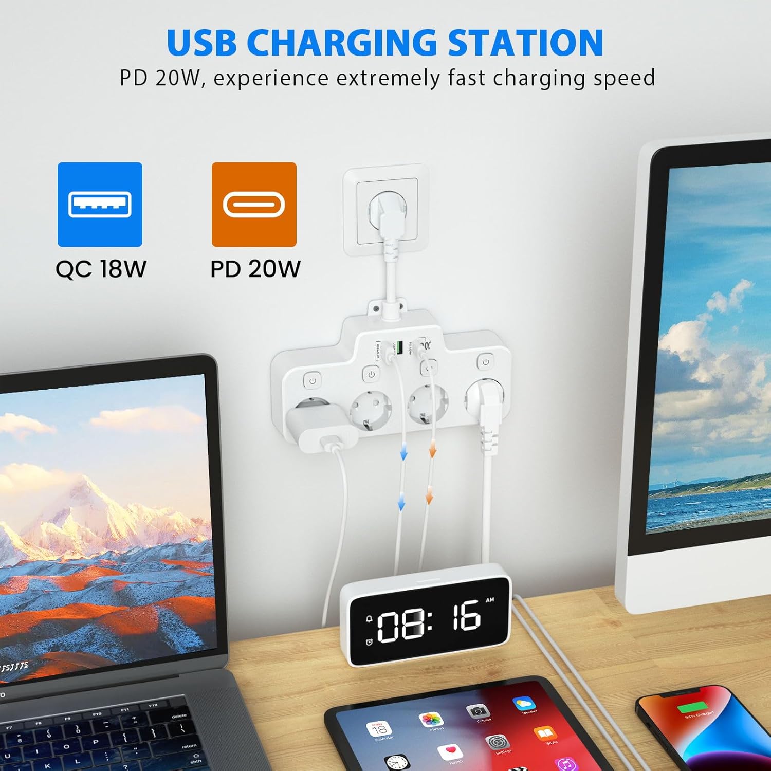 Voltura – Enchufe xiratorio con USB-A e USB-C – Montaxe en parede
