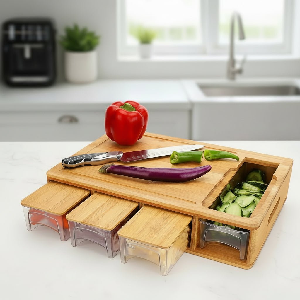 Bamboo Cutting Board with Catch Trays – Smart Kitchen System with Storage Drawers & Juice Groove
