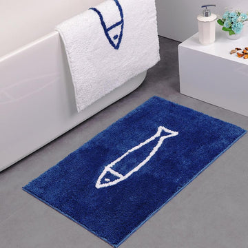 Marvona Alfombrilla de baño – Chenilla de peluche con antideslizante, diseño blanco-azul, lavable