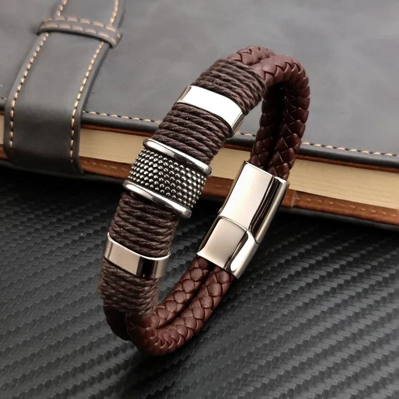 Marvion Heren Armband – Echt Bruin Leren Armband met Roestvrij Staal, Meerlagig Design & Perfect Cadeau voor Mannen
