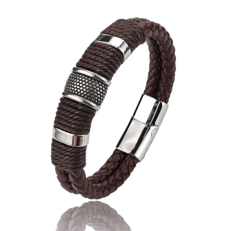 Marvion Heren Armband – Echt Bruin Leren Armband met Roestvrij Staal, Meerlagig Design & Perfect Cadeau voor Mannen