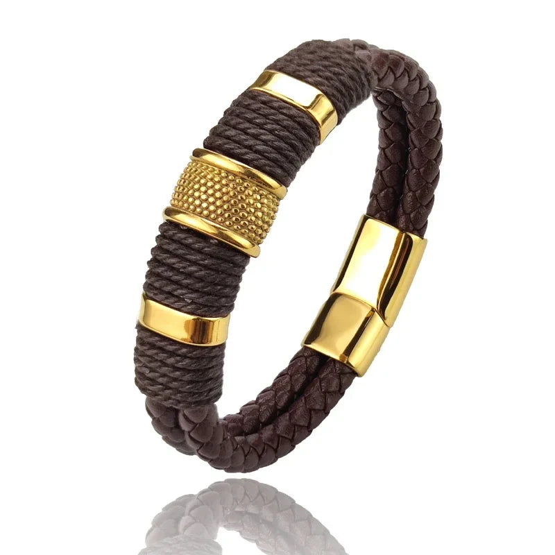 Marvion Heren Armband – Echt Bruin Leren Armband met Roestvrij Staal, Meerlagig Design & Perfect Cadeau voor Mannen