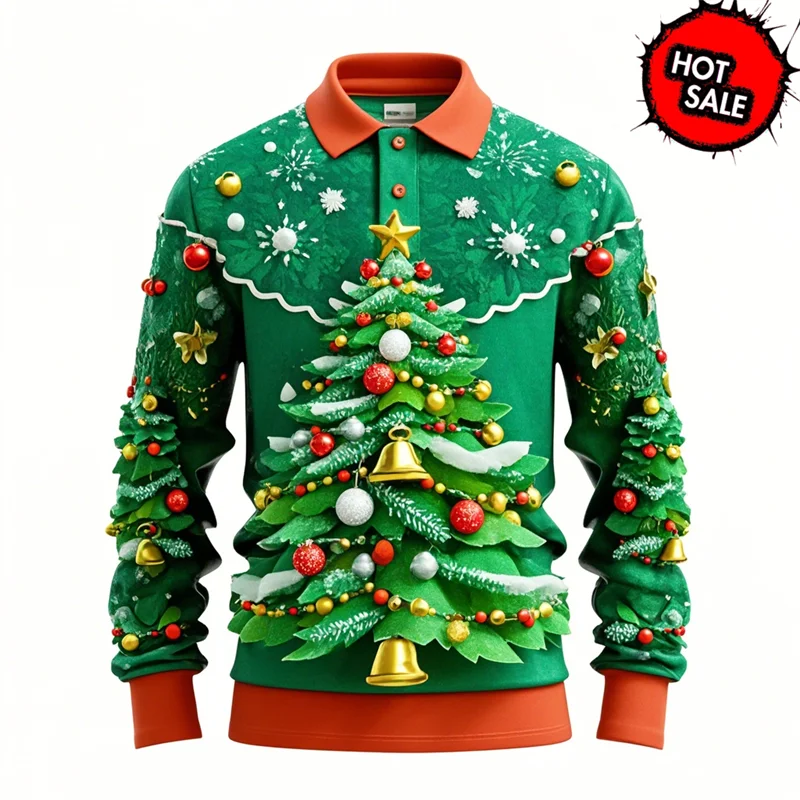 Kerstman 3D grafisch poloshirt voor heren met lange mouwen 3