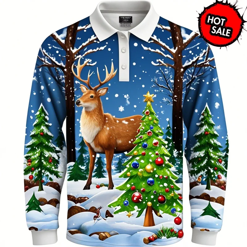 Kerstman 3D grafisch poloshirt voor heren met lange mouwen 5