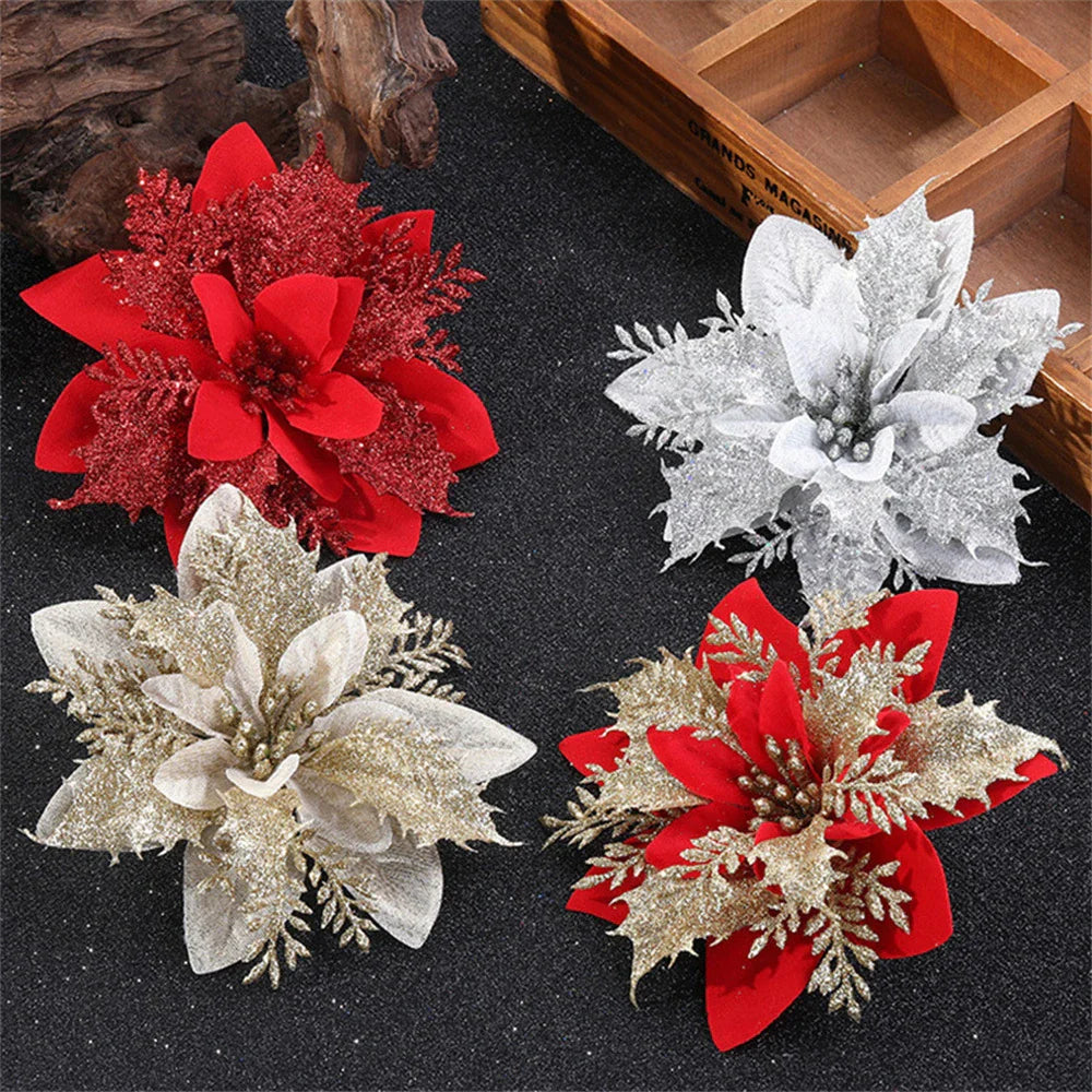Floréva Fleurs de Noël décoratives – Ensemble de 5 ou 10 fleurs artificielles (14,5 cm) en rose, rouge et or pour décoration festive