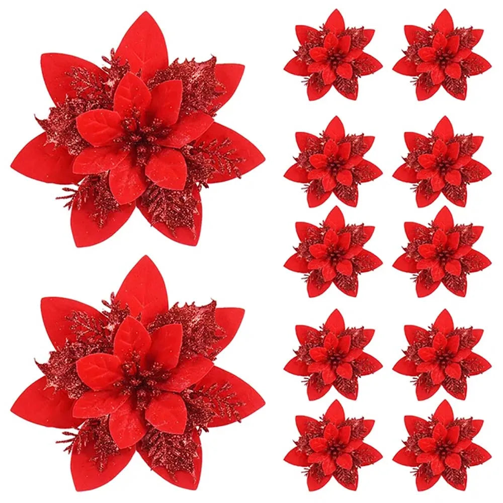 Floréva Fleurs de Noël décoratives – Ensemble de 5 ou 10 fleurs artificielles (14,5 cm) en rose, rouge et or pour décoration festive