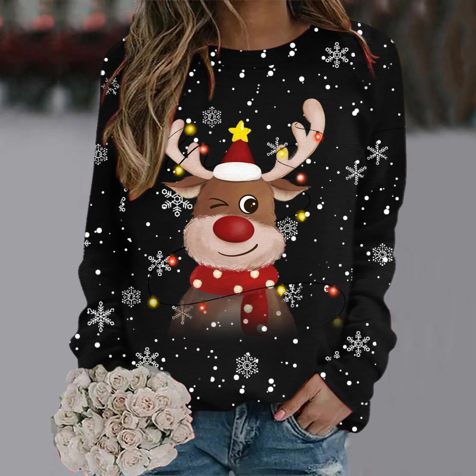 Kersttrui Dames 3D Sneeuwvlokken en Rendierhoofden, Comfortabele Pasvorm, 100% Polyester 1