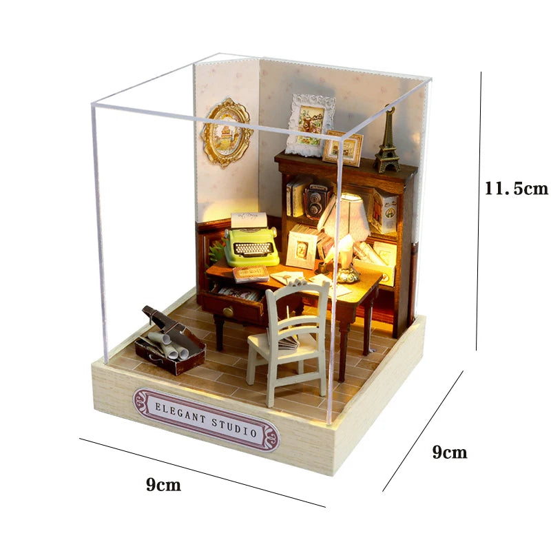 Miniatuur houten poppenhuis met LED-verlichting en meubels 17