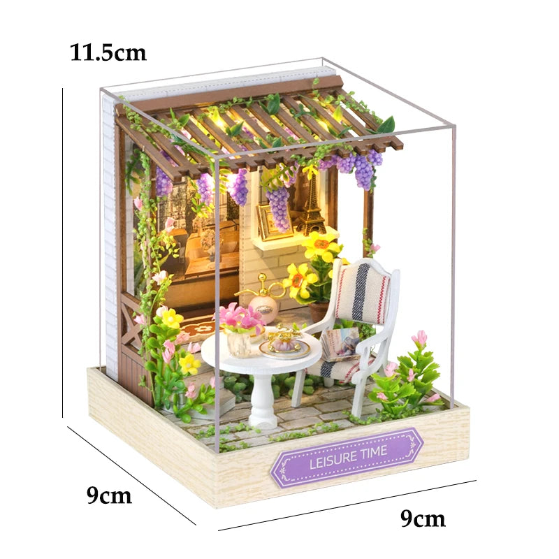Miniatuur houten poppenhuis met LED-verlichting en meubels 23