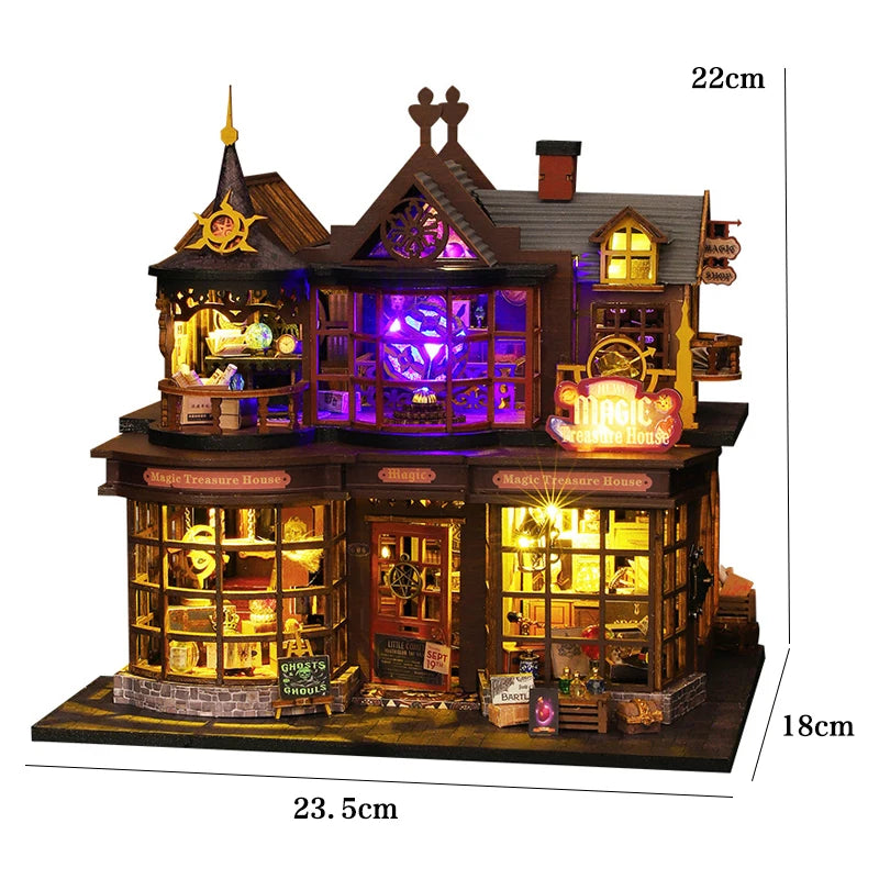 Miniatuur houten poppenhuis met LED-verlichting en meubels 25