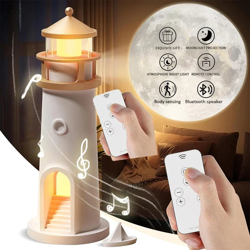 LumiTower Vuurtorenlamp – Nachtlamp met Maanprojectie, Bluetooth Speaker & Afstandsbediening