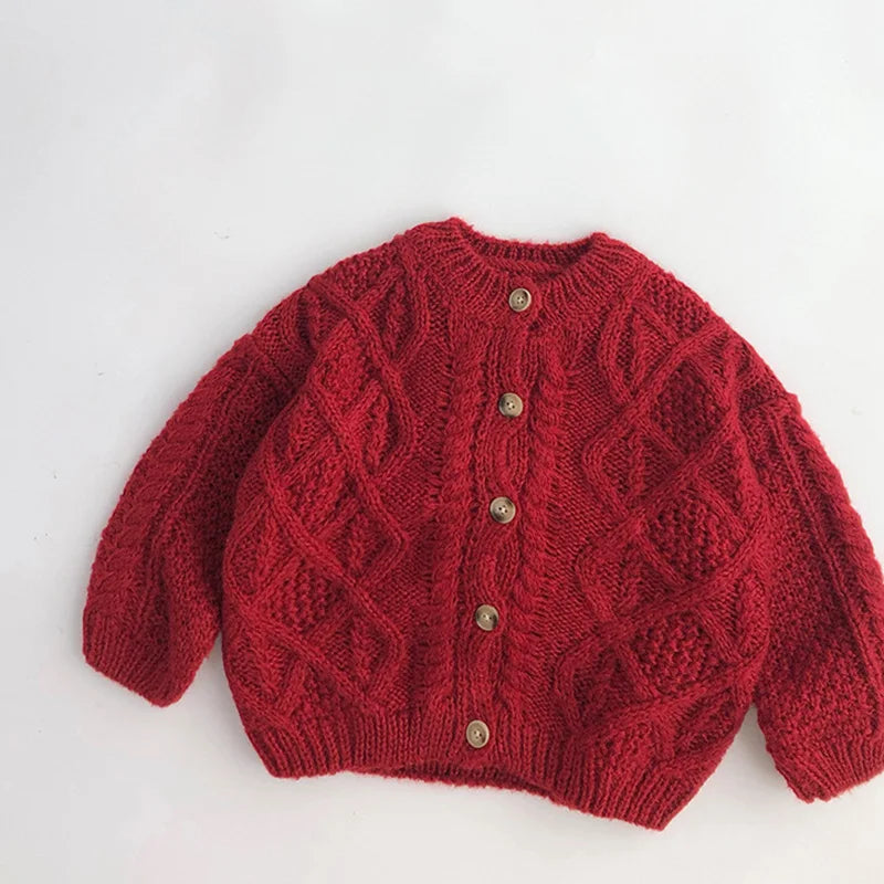Rode gebreide babytrui voor herfst en winter 11