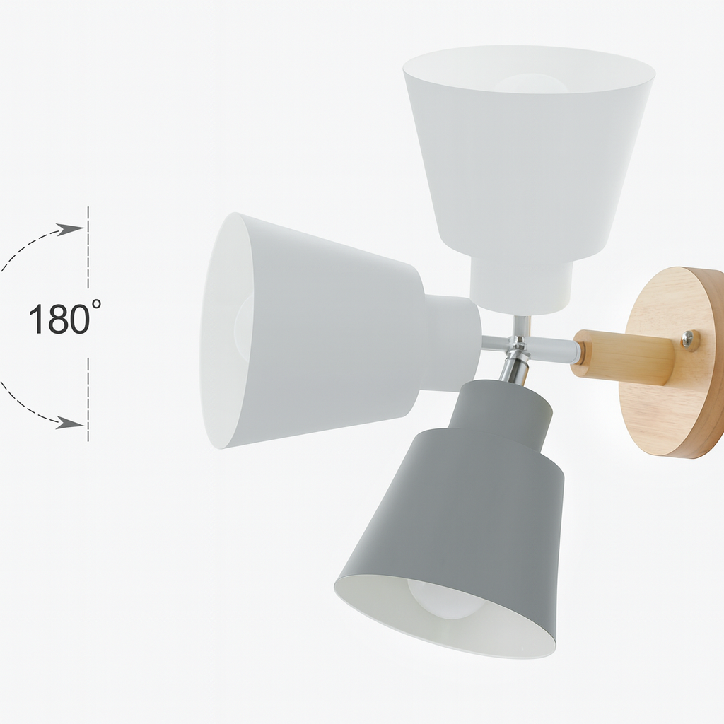 Nordlum Collin Lámpara de parede – Pantalla metálica con acento de madeira e 180° axustable