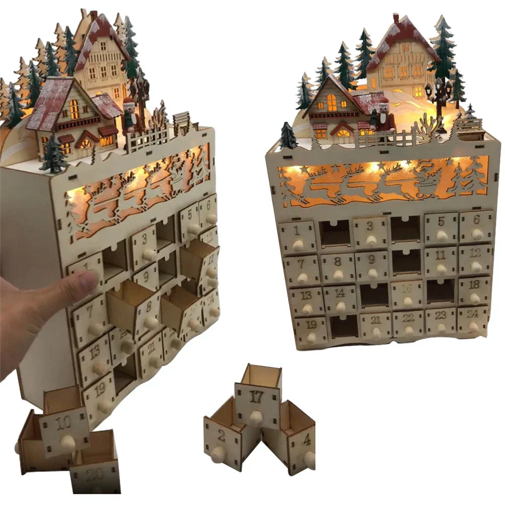 WinterHout – Calendario de advento de madeira vila de renos con 24 compartimentos