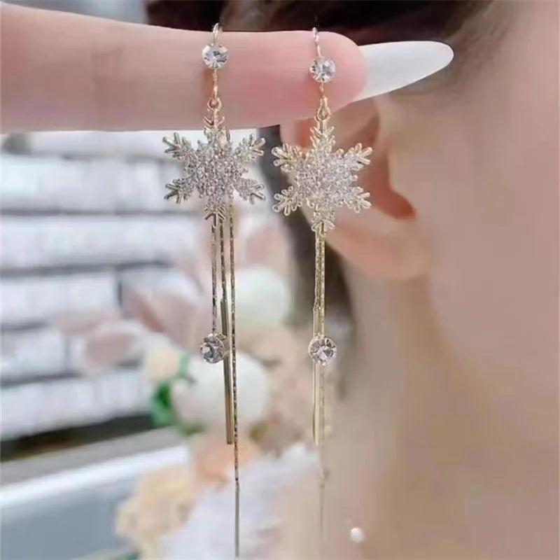 Étoile Glace Sneeuwvlok Oorbellen – Crystal Zirconia met Tassels, Luxe Feestelijke Elegantie