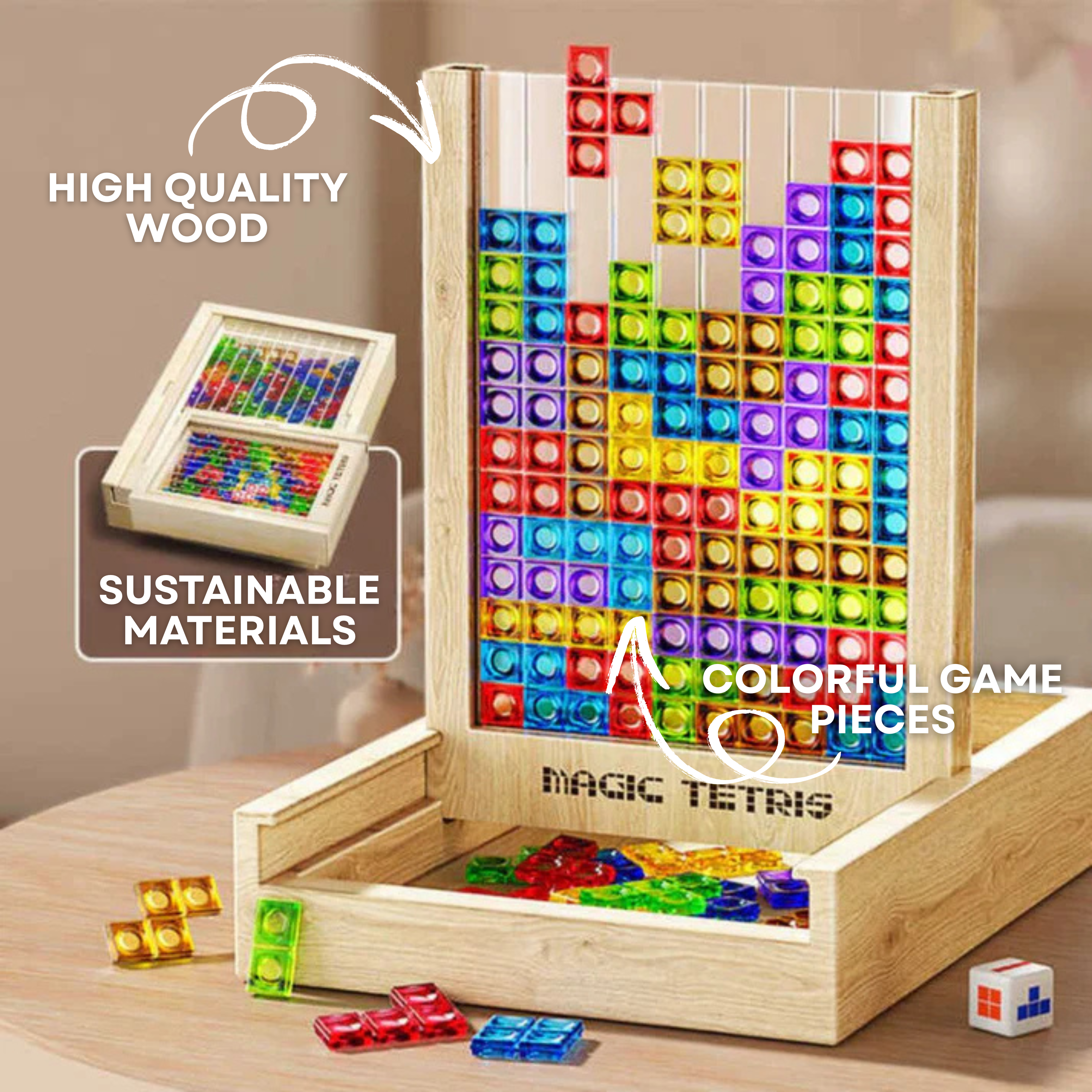 Timberplay Tetris Puzzel – Joc de taula educatiu de fusta per a totes les edats
