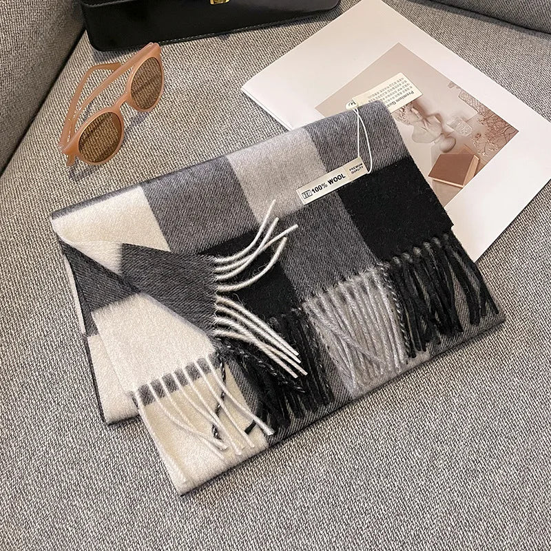 Merivelle Wol Sjaal – Luxe 100% Wollen Wintersjaal met Dambordpatroon, Warm & Stijlvol voor Vrouwen