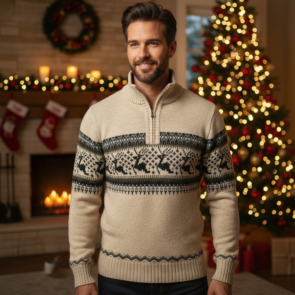 Kersttrui voor Heren – Stijlvolle & Comfortabele Trui met Rendiermotief & Halve Rits