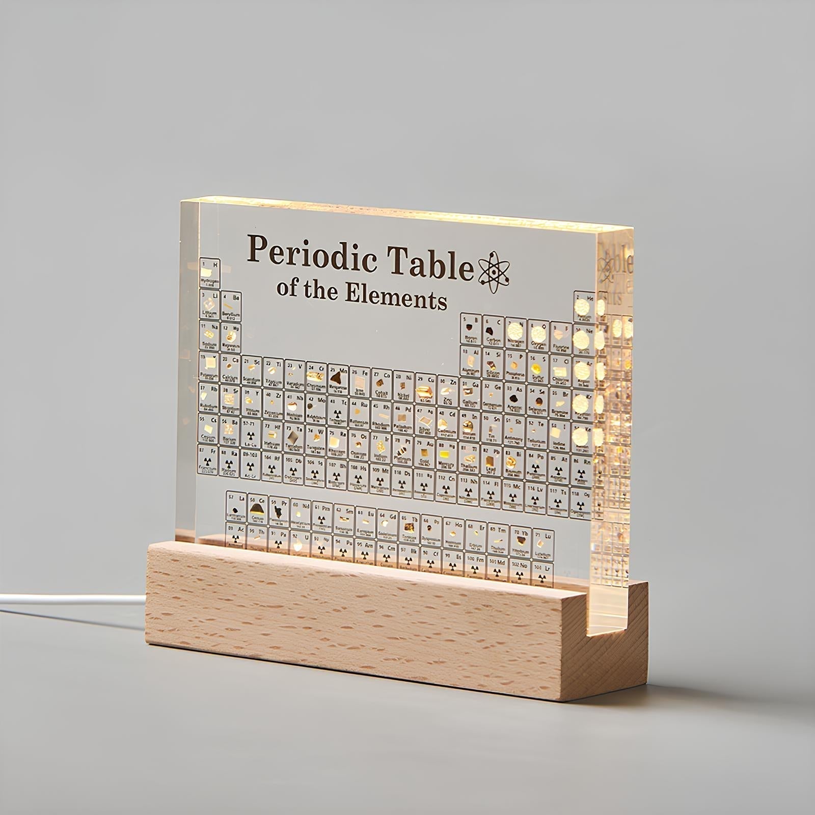 Elementa Verlichte Periodieke Tabel – Acryl display met houten voet & 83 echte elementen
