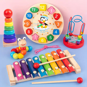 Montessori set de juego de madera 5 en 1 – Motricidad y música desde 6 meses