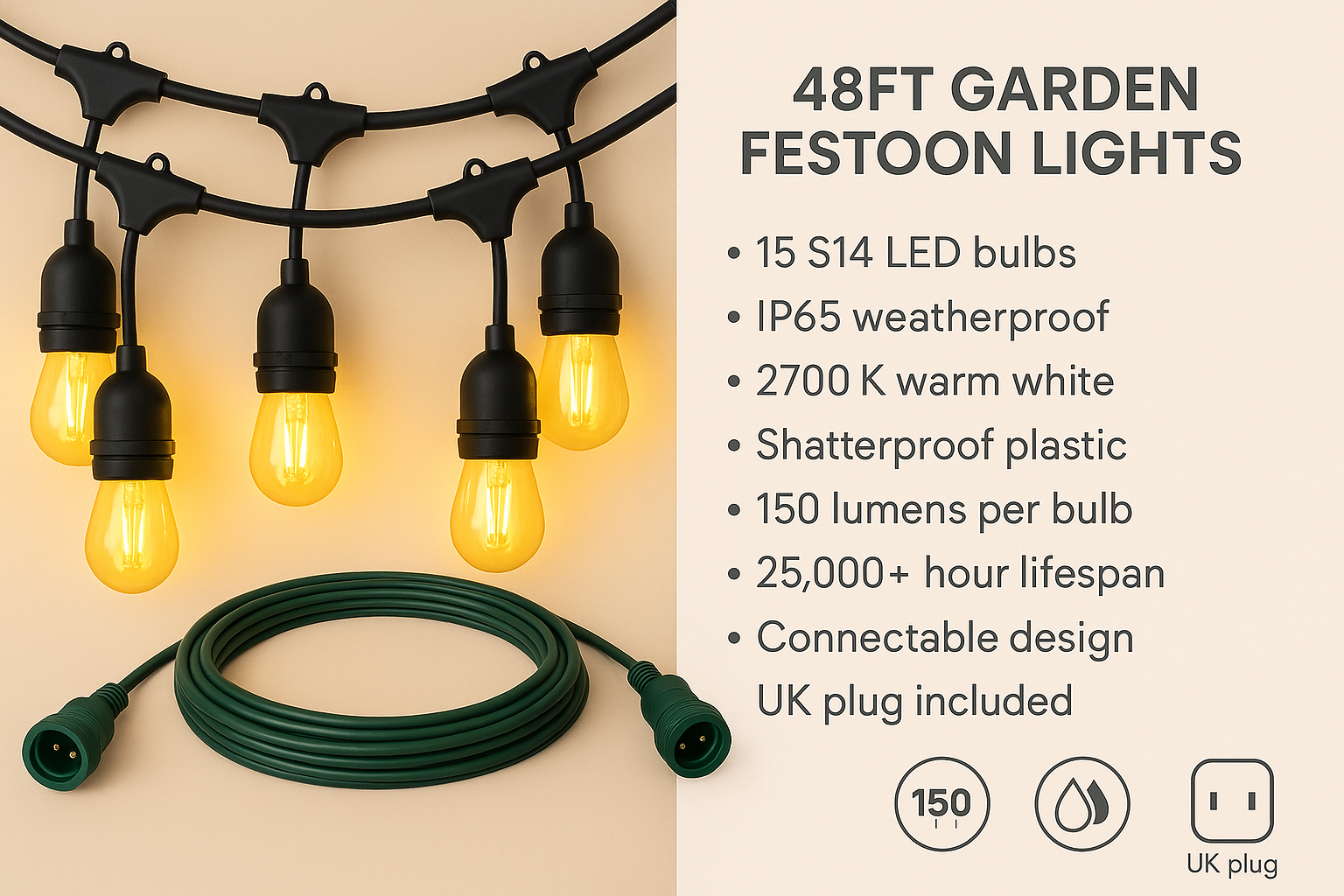 Festelio Tuinverlichting – 48FT Lichtslinger met 15 LED-Lampen & Warme 2700K Gloed