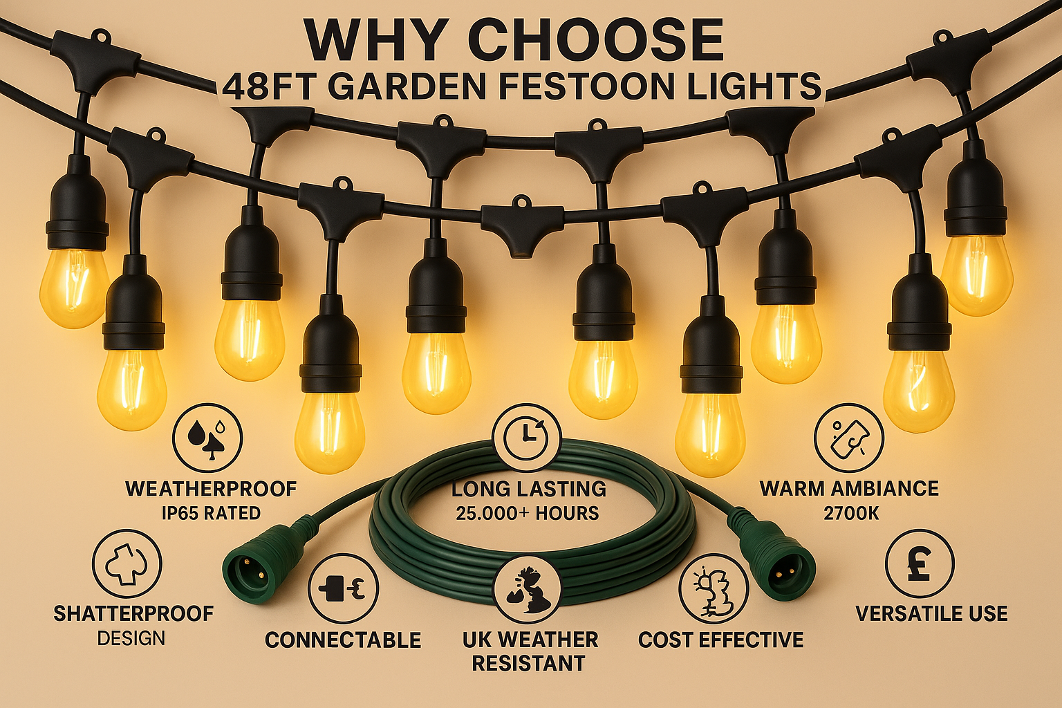 Festelio Tuinverlichting – 48FT Lichtslinger met 15 LED-Lampen & Warme 2700K Gloed