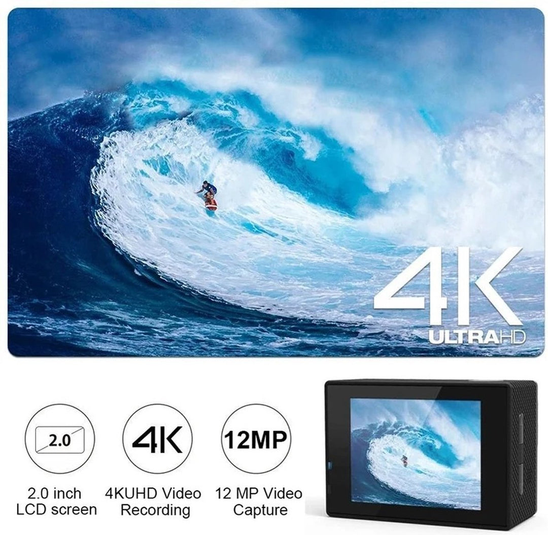 Câmara de ação 4K – Imagem nítida, 60FPS e à prova de água até 30 m