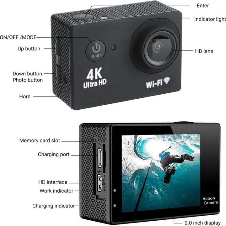 Câmara de ação 4K – Imagem nítida, 60FPS e à prova de água até 30 m