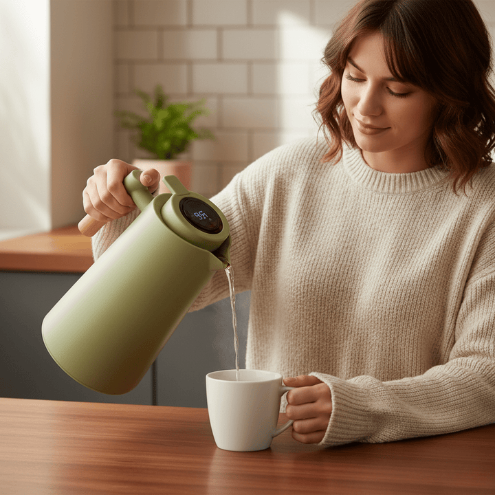 Thermoskan – Dubbelwandig, temperatuurdisplay in deksel &amp; houten handgreep