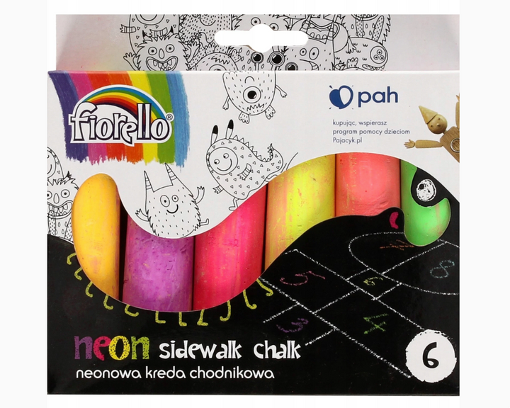 Conjunto de Giz de Chão Neon – 6 Cores, Bastões Grossos &amp; Caixa de Armazenamento Resistente