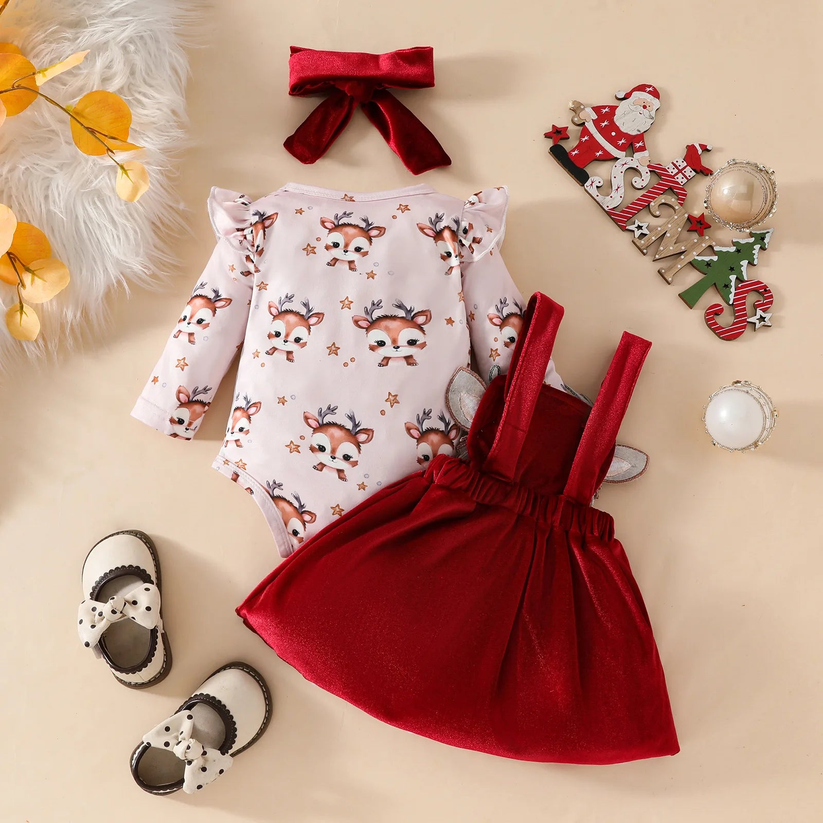 3-delige kerstoutfit voor babymeisjes met cartoonprint, jarreteljurkje en hoofdband 1