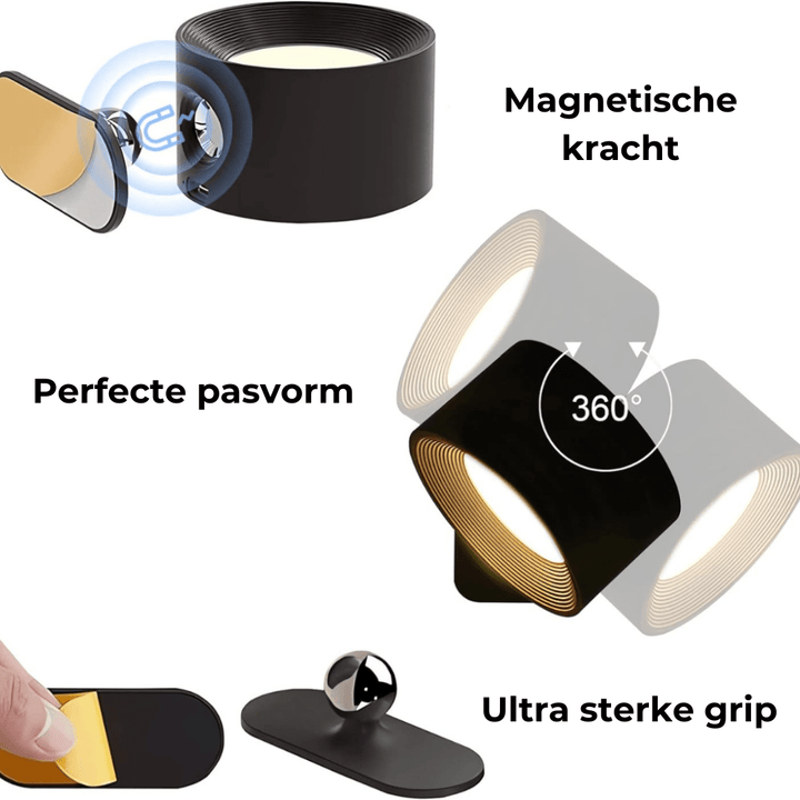 LumaSphere Draadloze Wandlamp – USB-Oplaadbaar, 360° Draaibaar &amp; Touch Bediening LED Verlichting