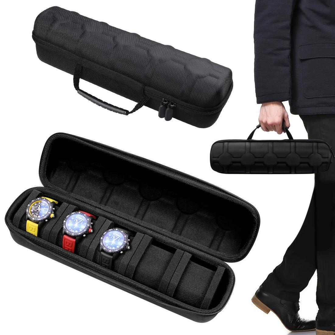 5-Grid Hard Shell Watch Organizer - Portable Travel Case for Men's Watches 0