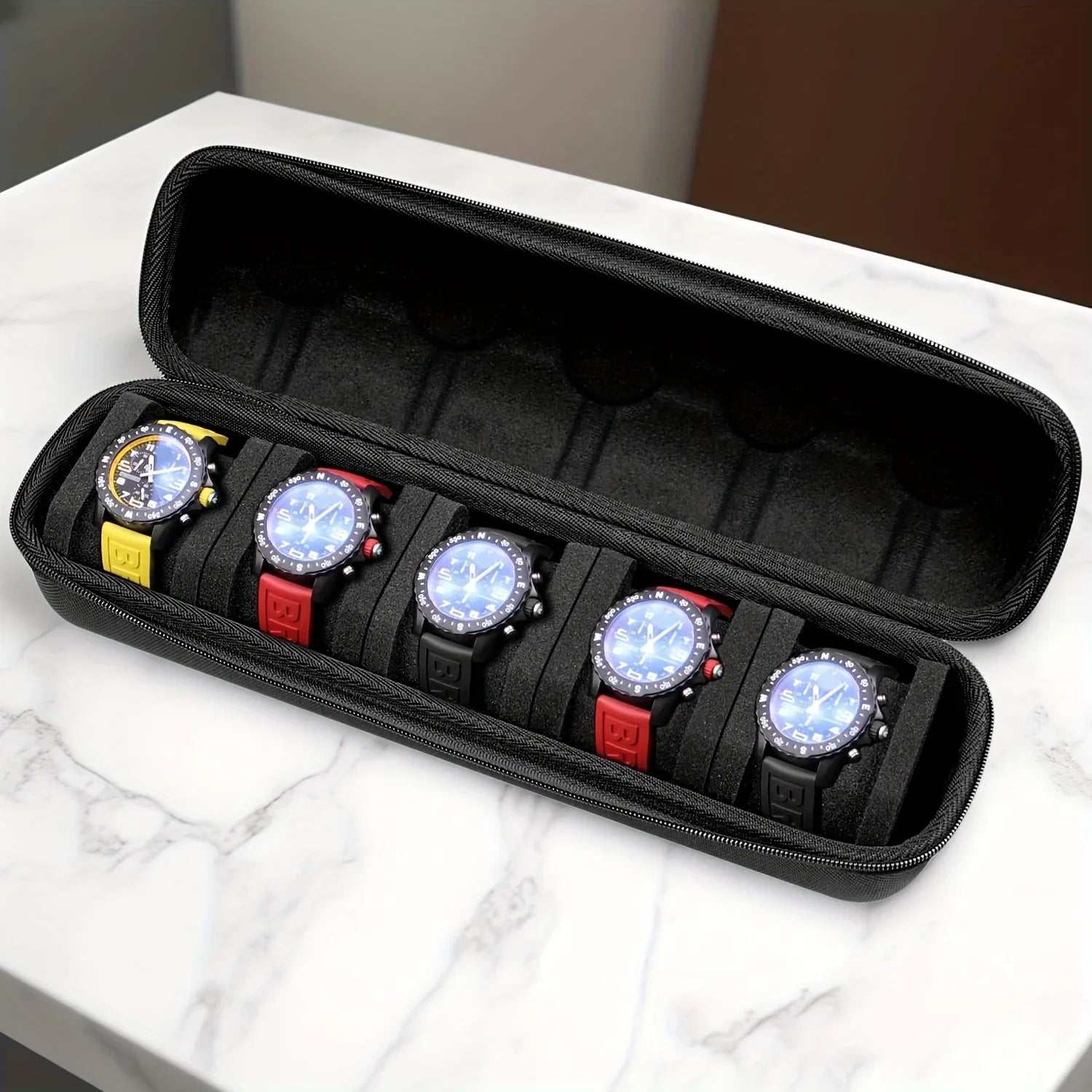 5-Slot Hard Shell Watch Case with Pillow Inserts for Travel and Storage 4